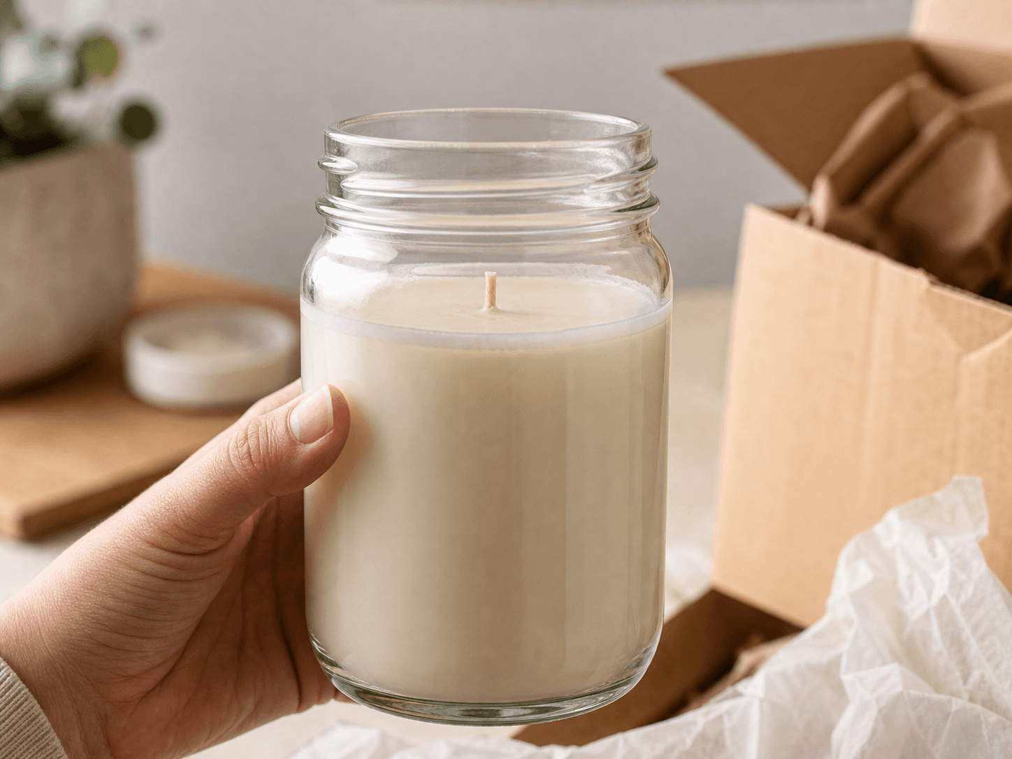 Mason Jar Candle used for a ring of wax the buyer never got to burn in a reviews and returns setting