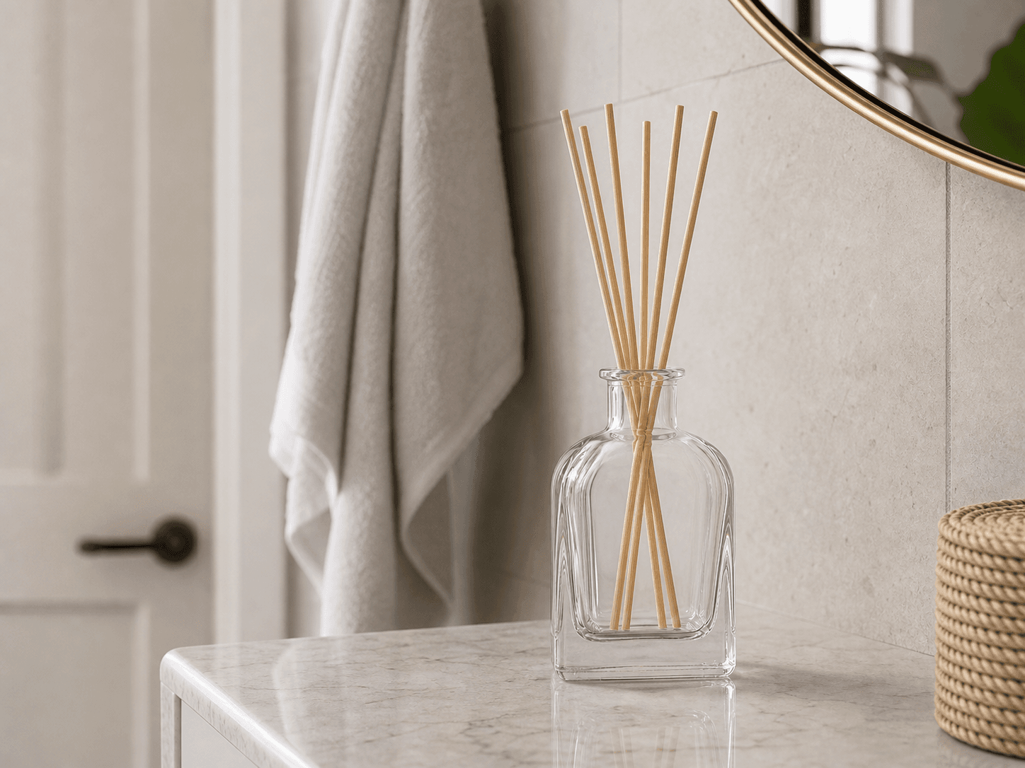 Rattan Reed Diffuser Bottle used for continuous scent in a hall or bathroom in a everyday home fragrance setting