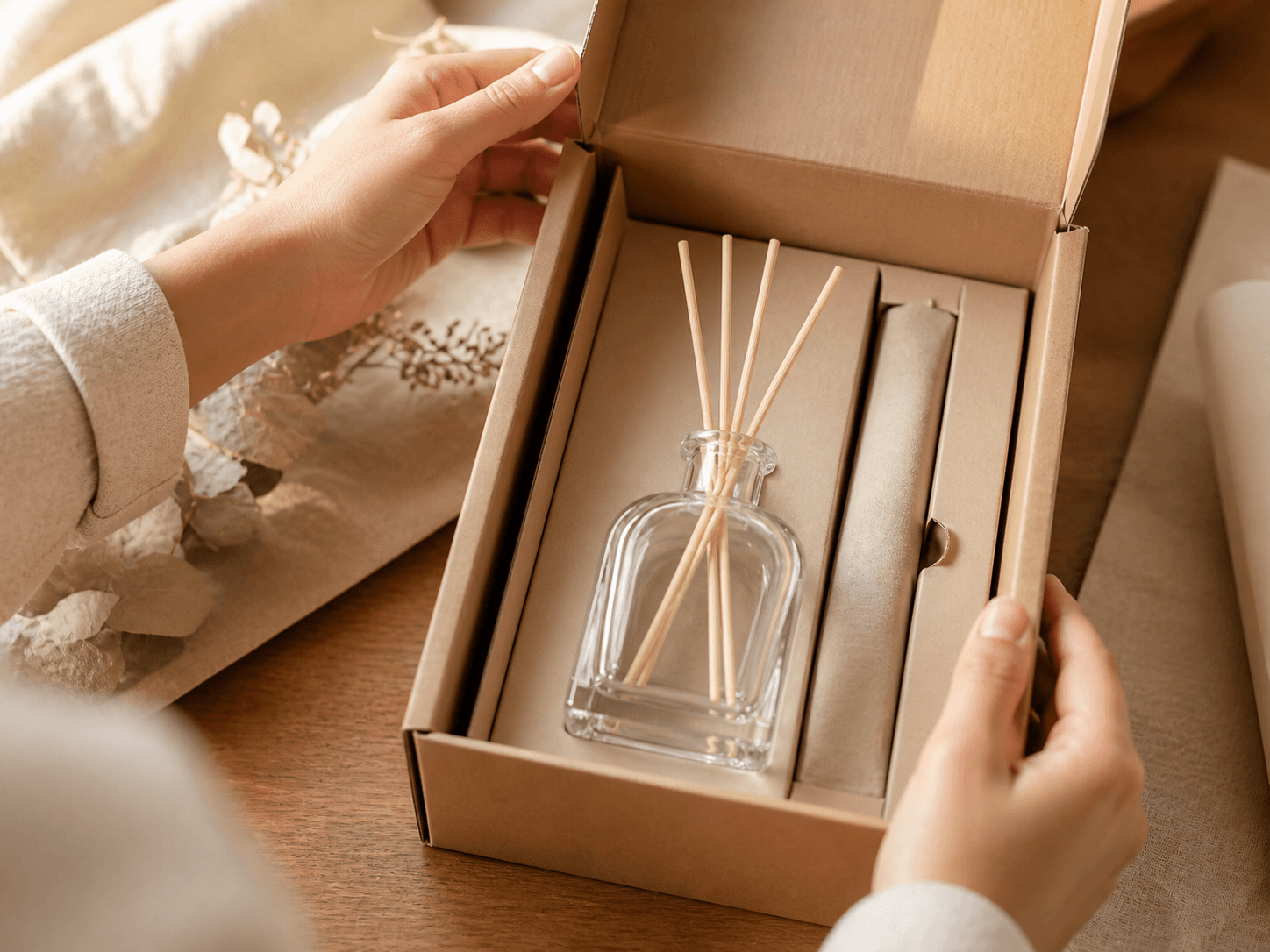 Rattan Reed Diffuser Bottle used for boxed diffusers as presents in a gift sets setting