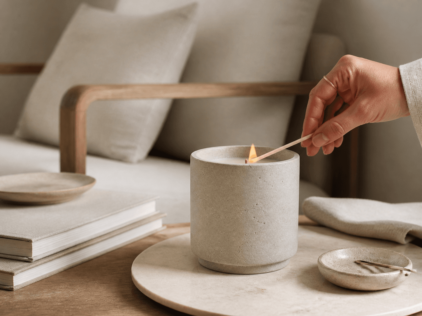 Stone / Concrete-look Vessel used for neutral pieces for pared-back rooms in a interior candles setting