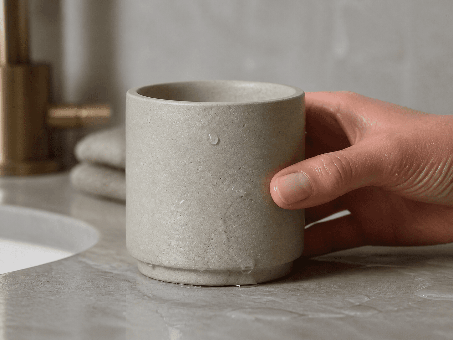 Stone / Concrete-look Vessel used for a matte surface touched with damp hands in a bathroom counters setting