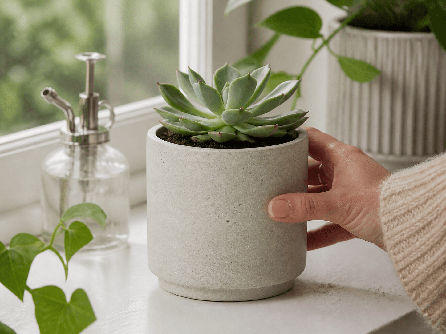 Stone / Concrete-look Vessel used for a vessel that ends up holding soil in a windowsill plants setting