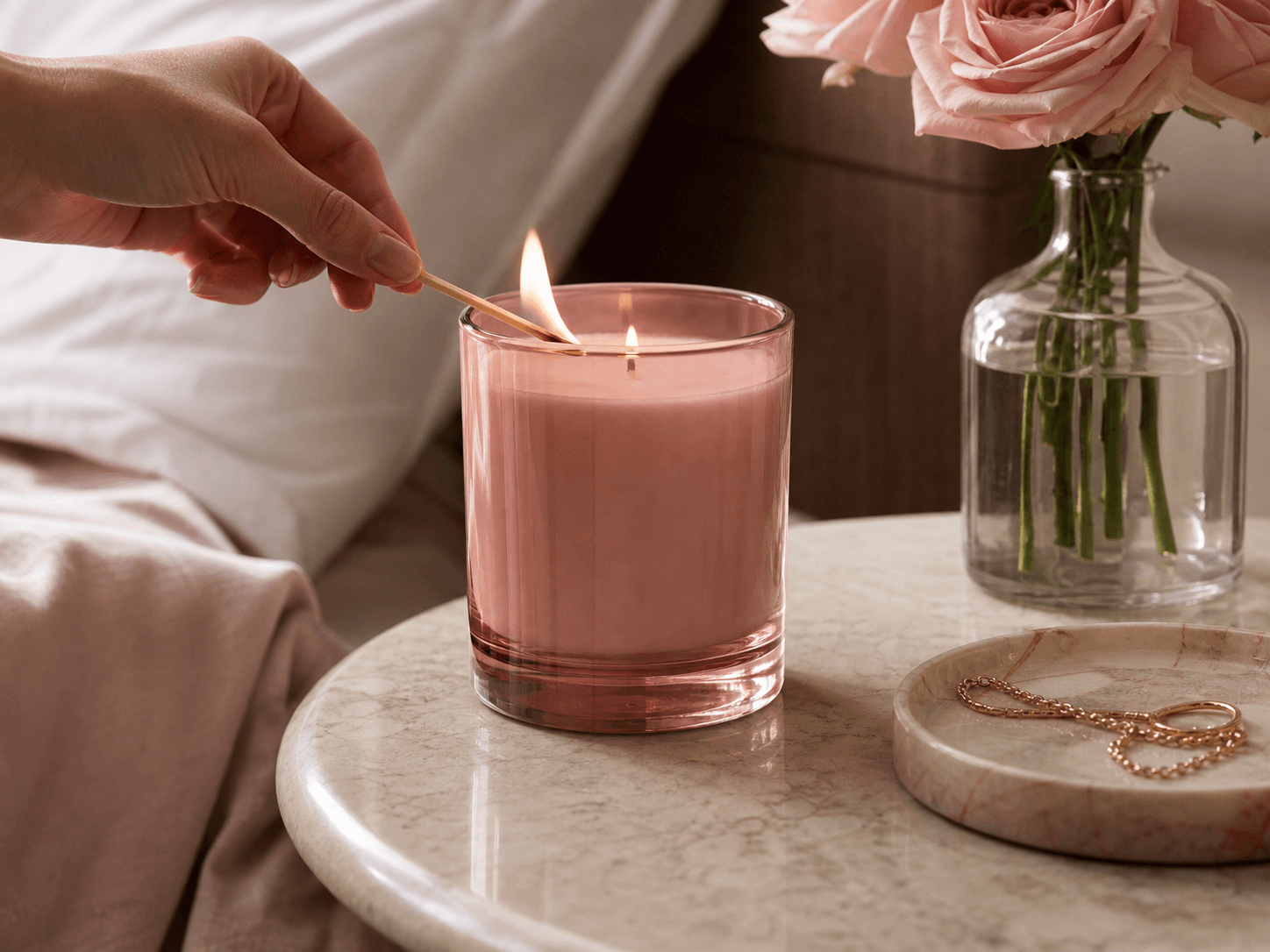 Translucent Tinted Vessel used for rose and blush tones for soft interiors in a bedrooms and dressers setting