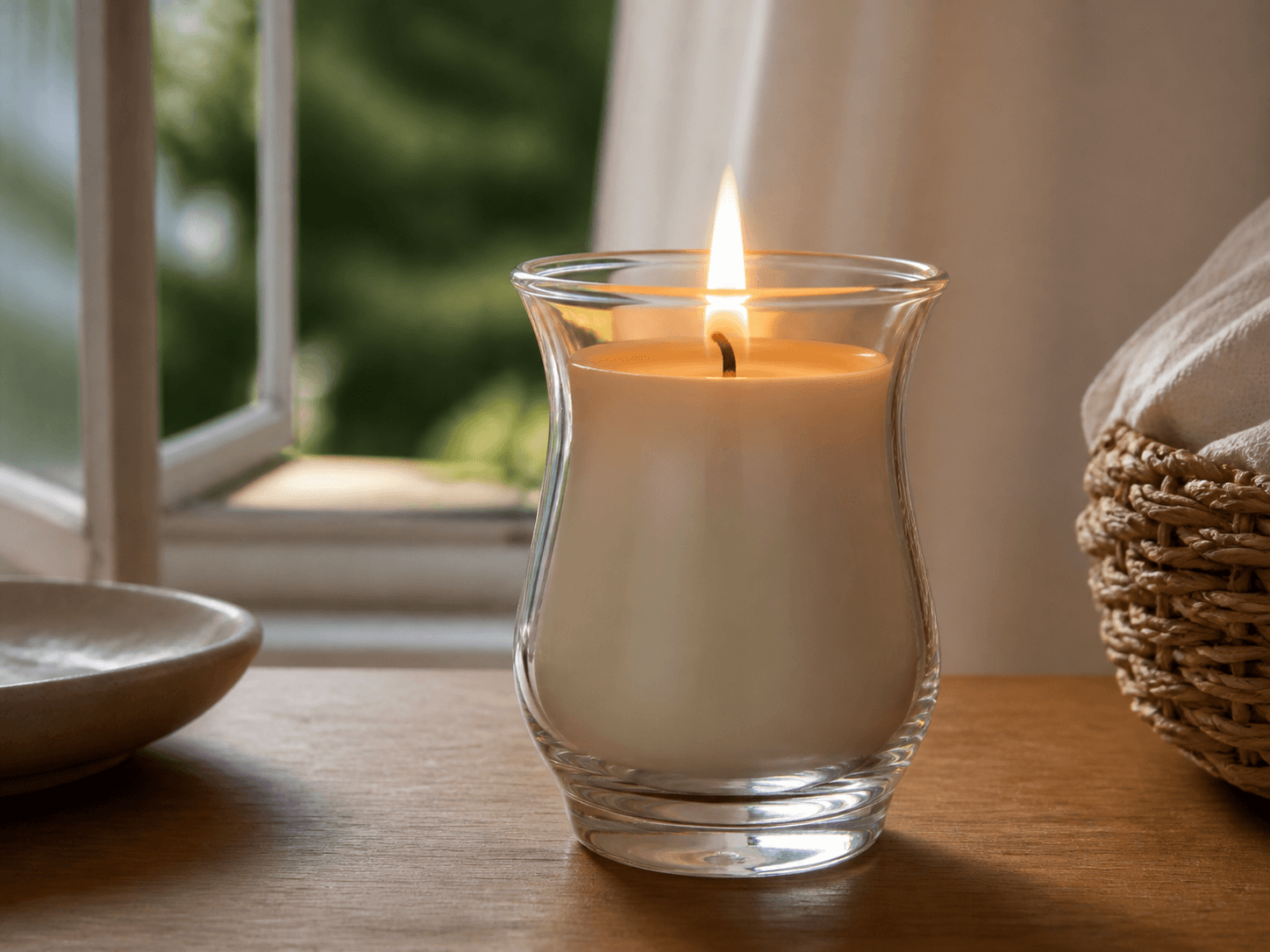 Tulip Candle Jar used for a flame that sits high in the glass in a open windows setting