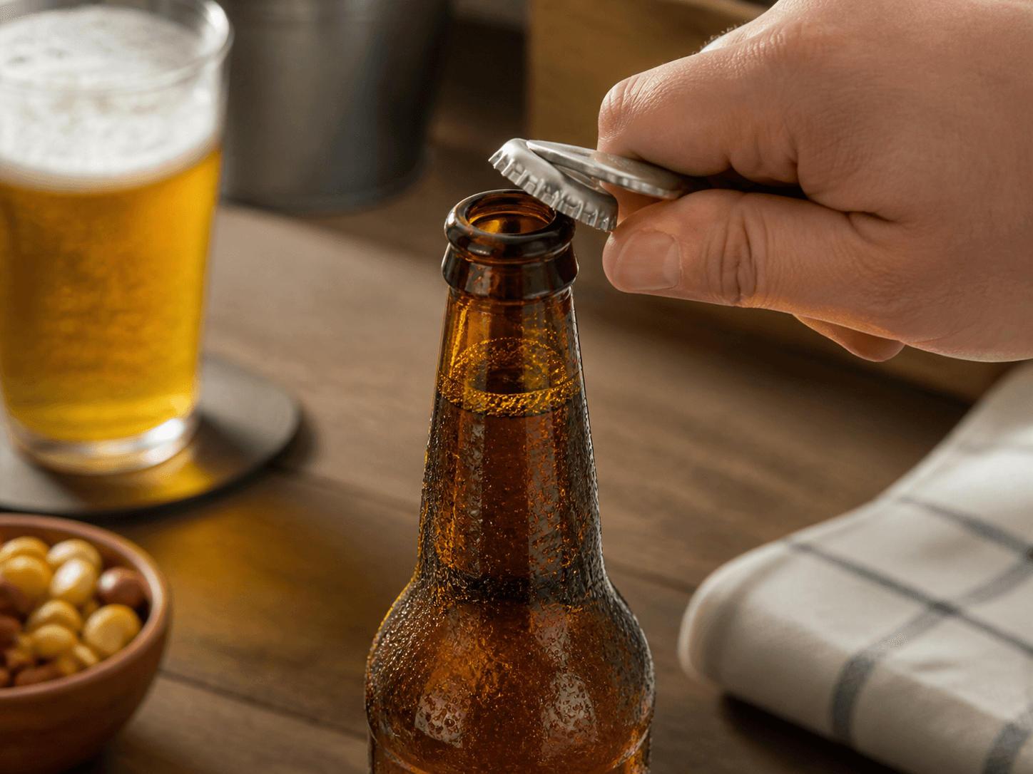 Crown Cap used for bottles opened once and finished in a beer and carbonated drinks setting