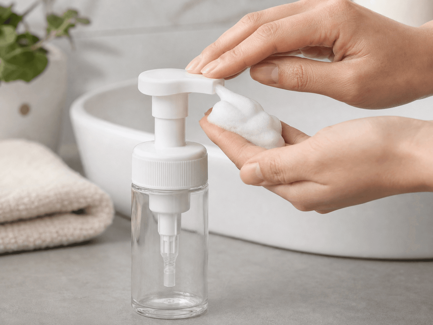 Foaming Pump used for foam produced at the moment of use in a cleansers and hand wash setting