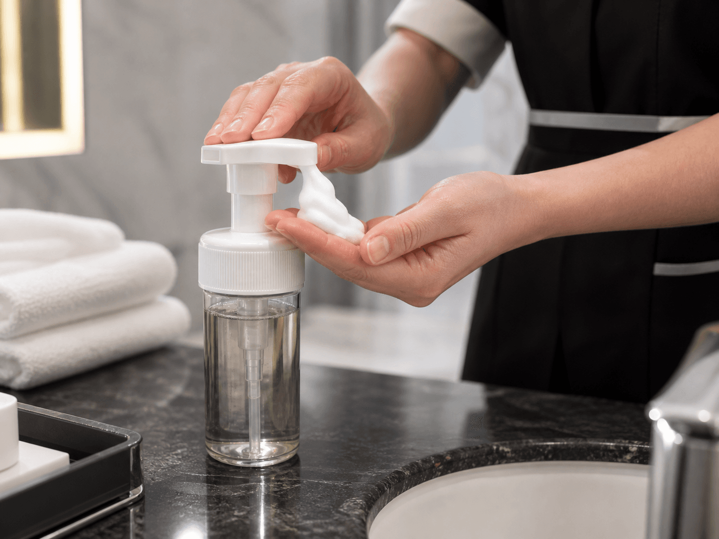 Foaming Pump used for wash used dozens of times a day in a hotels and washrooms setting