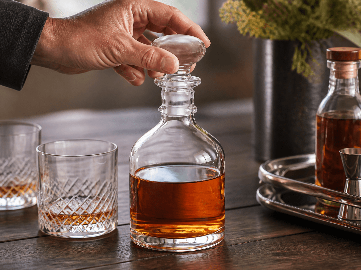 Glass Stopper used for bottles kept and reused on a table in a decanters and presentation setting