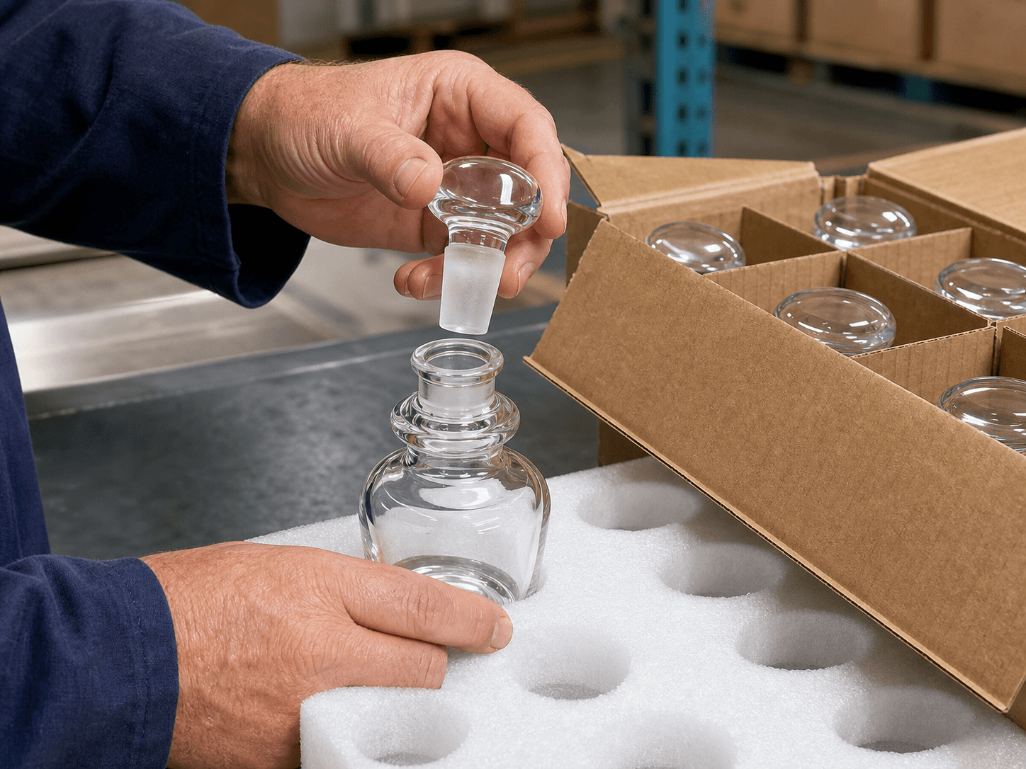 Glass Stopper used for stoppers matched to their own bottles in a warehouse floor setting