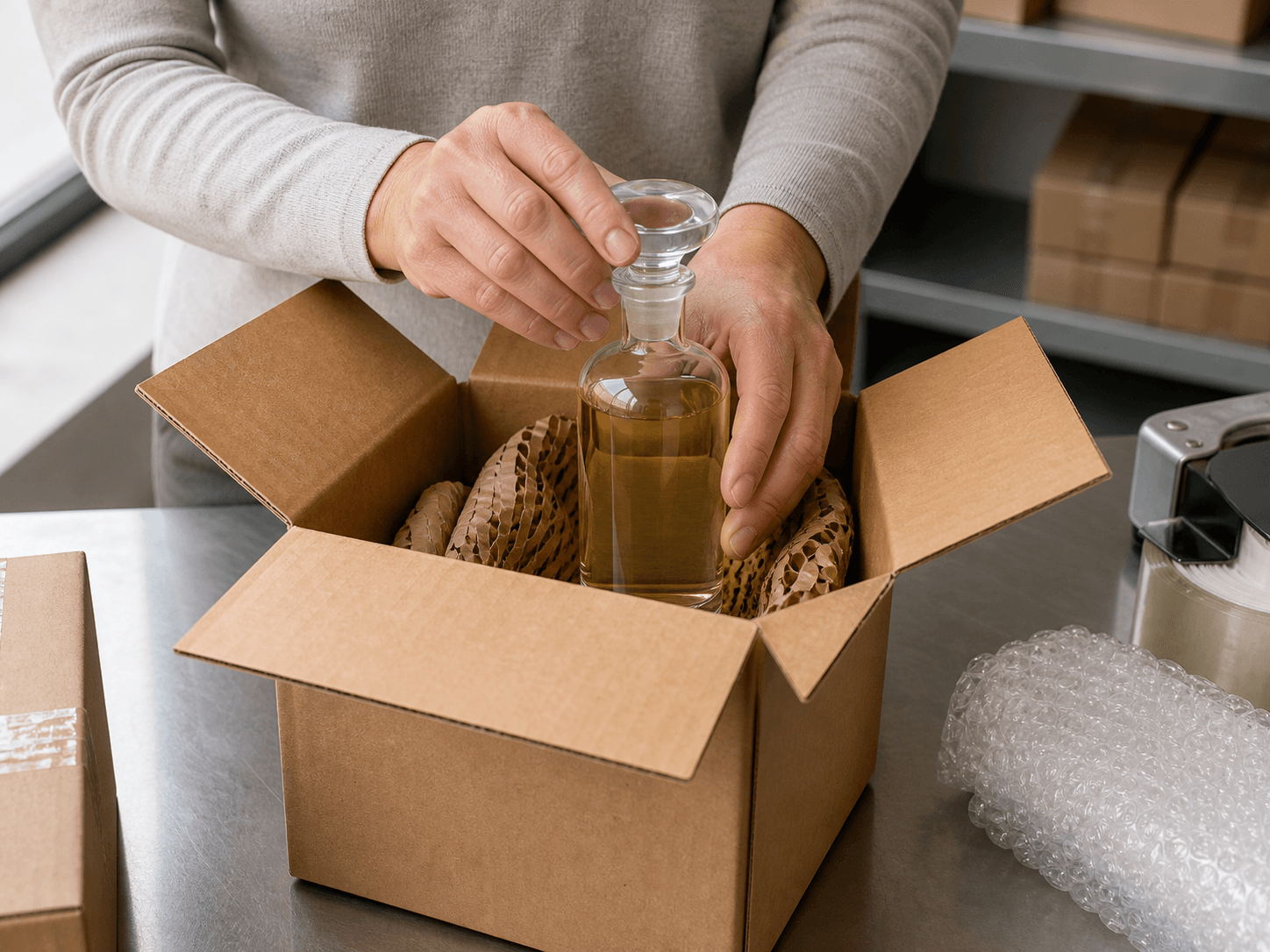 Glass Stopper used for bottles that travel with product in them in a shipping filled setting