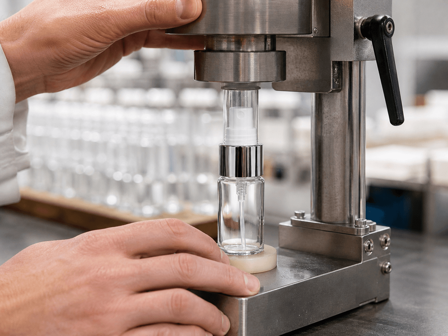 Perfume Crimp Sprayer used for a joint nobody can undo afterward in a fragrance lines setting