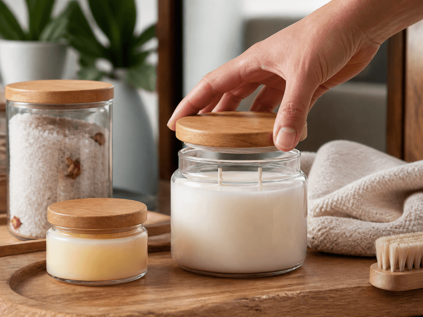 Wooden Lid used for lids on candles, jars and skincare in a natural-positioned ranges setting