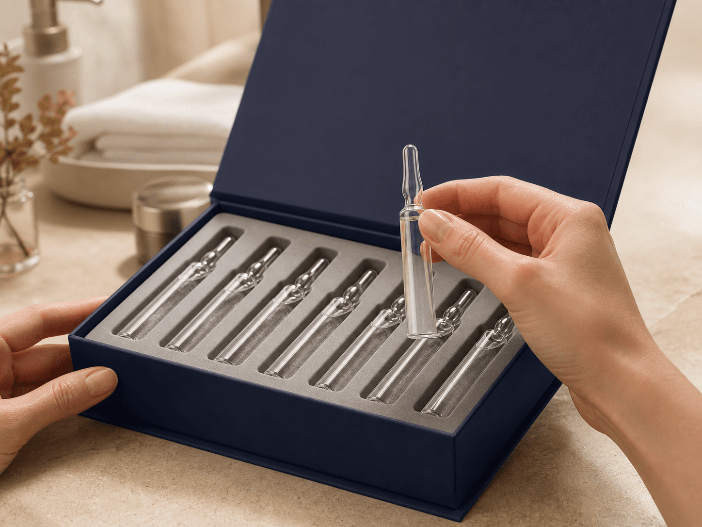 Beauty Ampoule used for boxed courses and gift formats in a presentation setting