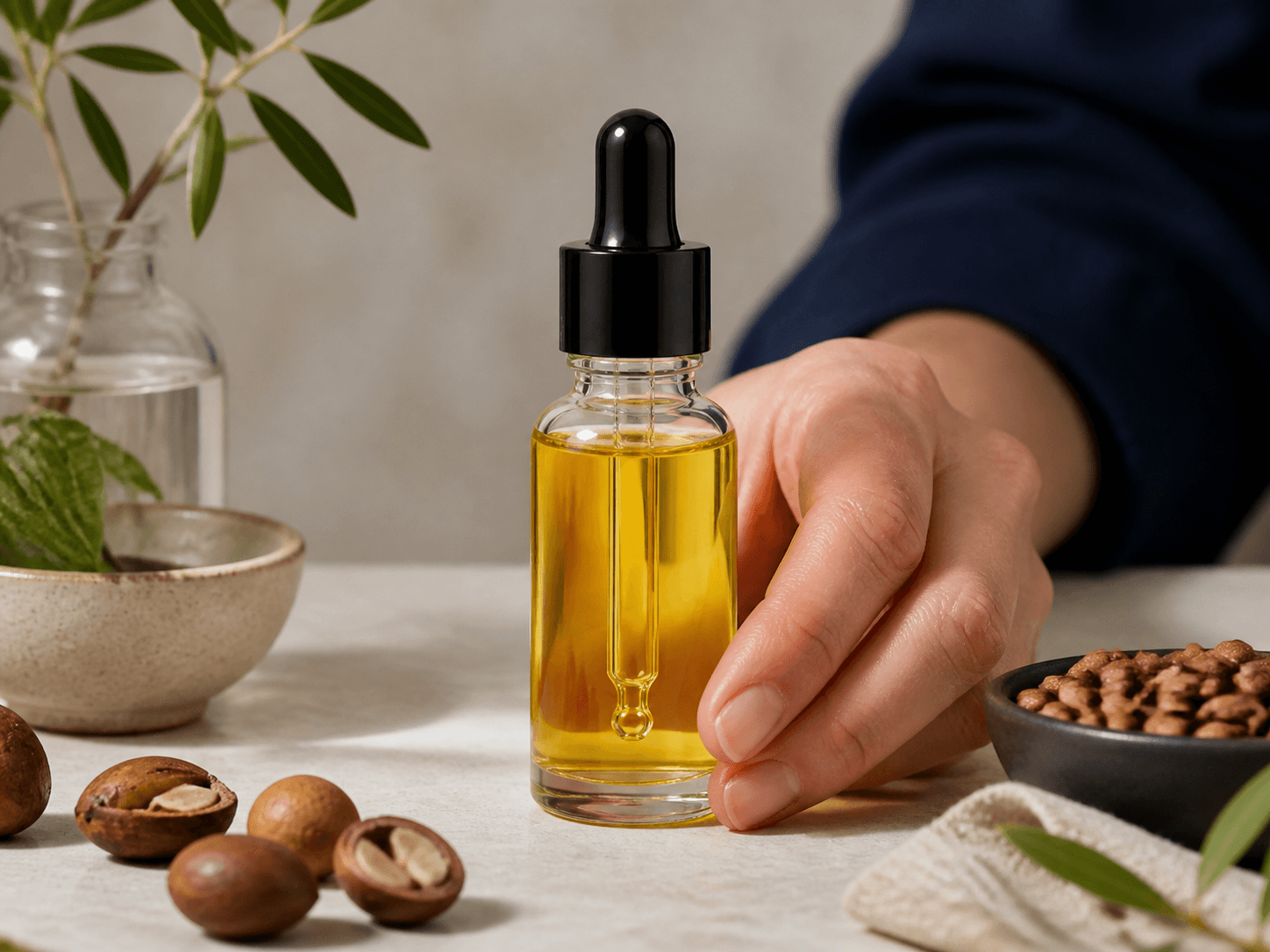 Beauty Oil Bottle used for cold-pressed and single-origin oils in a botanical positioning setting