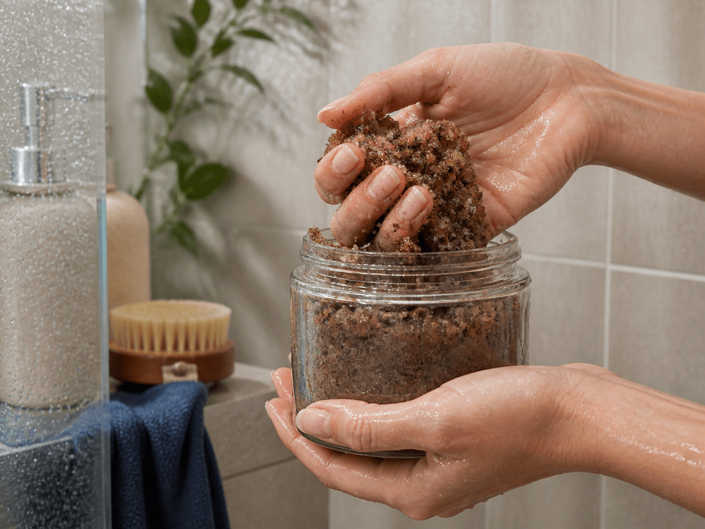 Body Scrub Jar used for salt, sugar & coffee body scrubs in a shower use setting