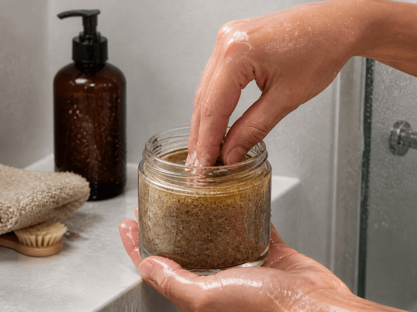 Body Scrub Jar used for a jar opened with wet hands in a in the shower setting