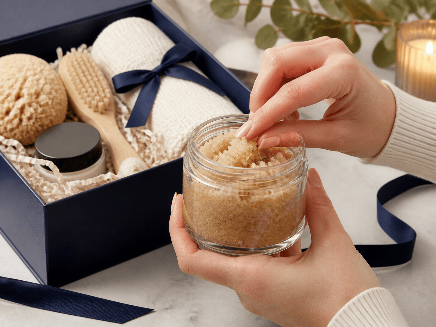 Body Scrub Jar used for spa sets & self-care gifts in a gifting setting