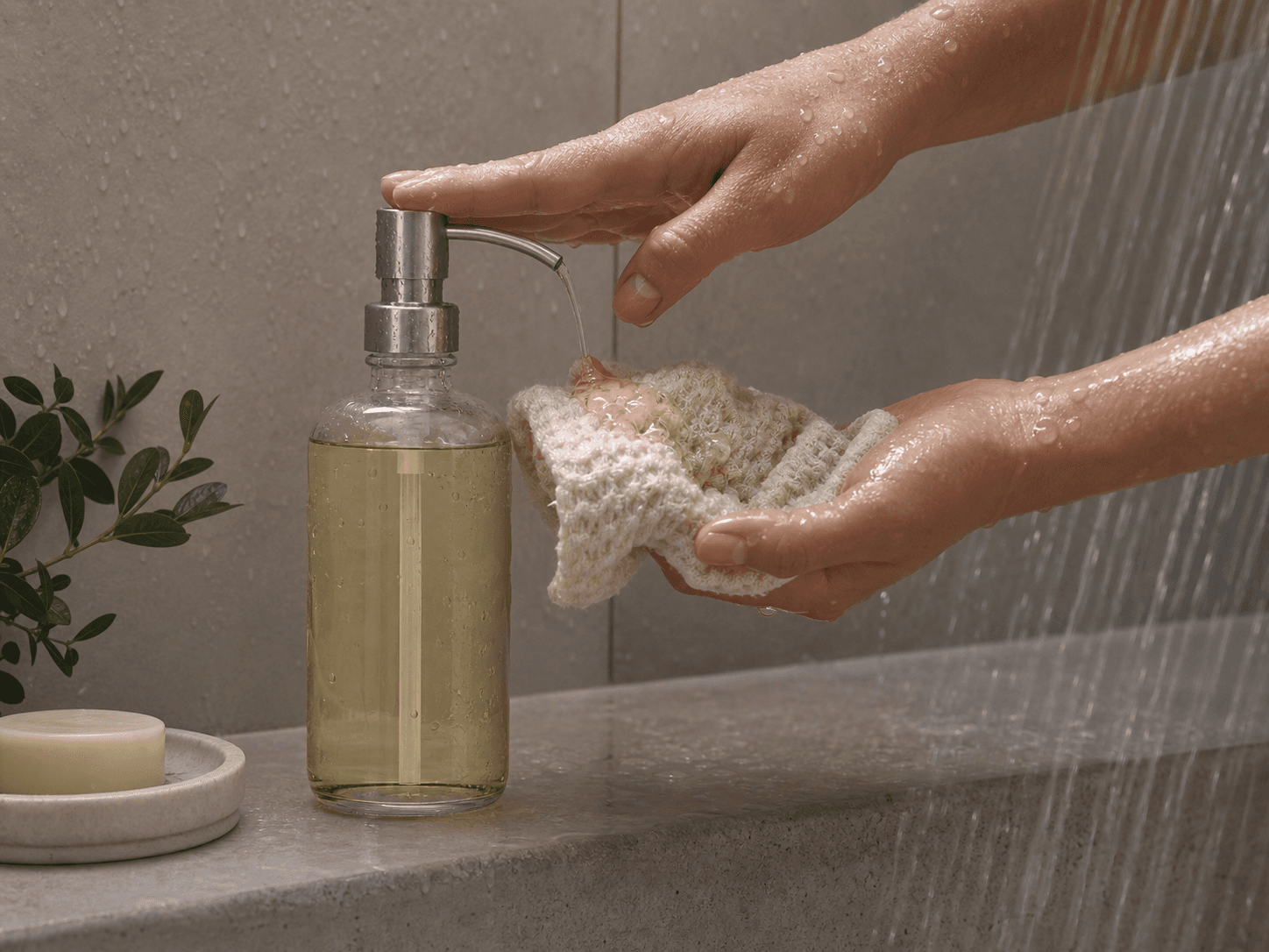 Body Wash Bottle used for everyday body washes & shower gels in a shower routine setting