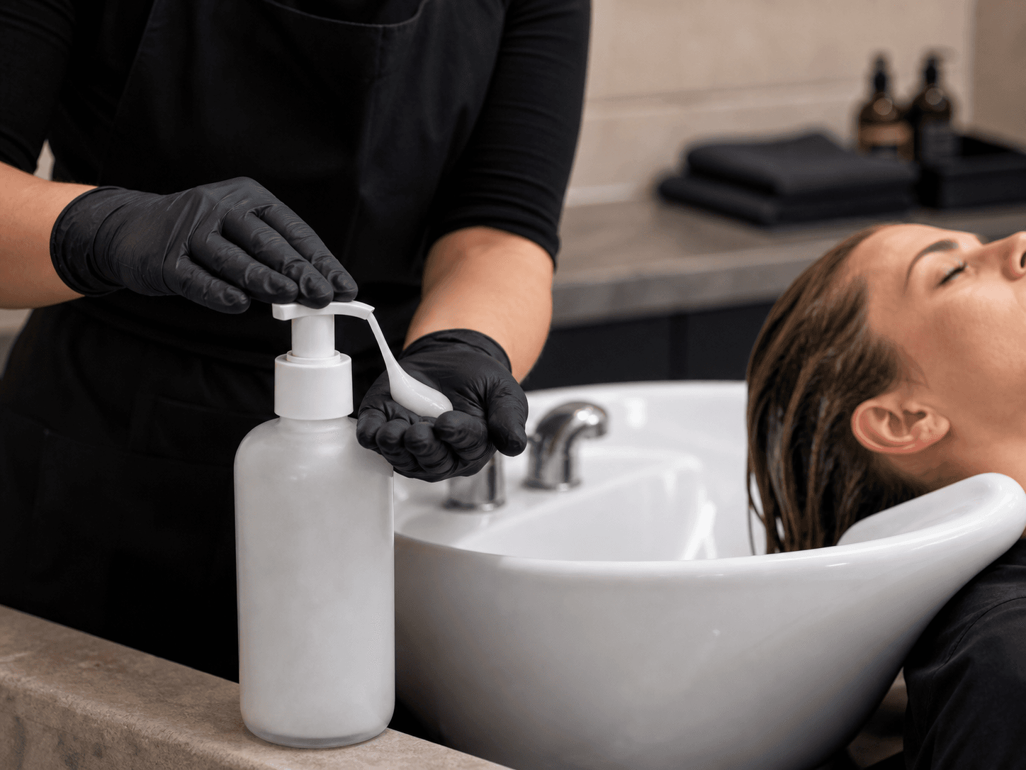 Conditioner Bottle used for backwash and professional sizes in a salon setting