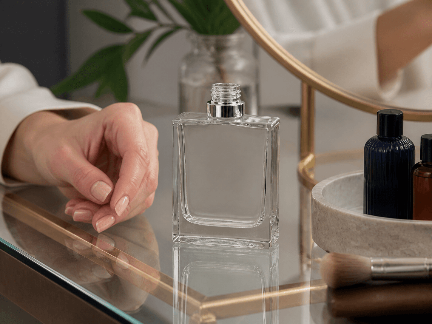 Crimp-neck Perfume Bottle used for square bottles on a counter in a presentation setting