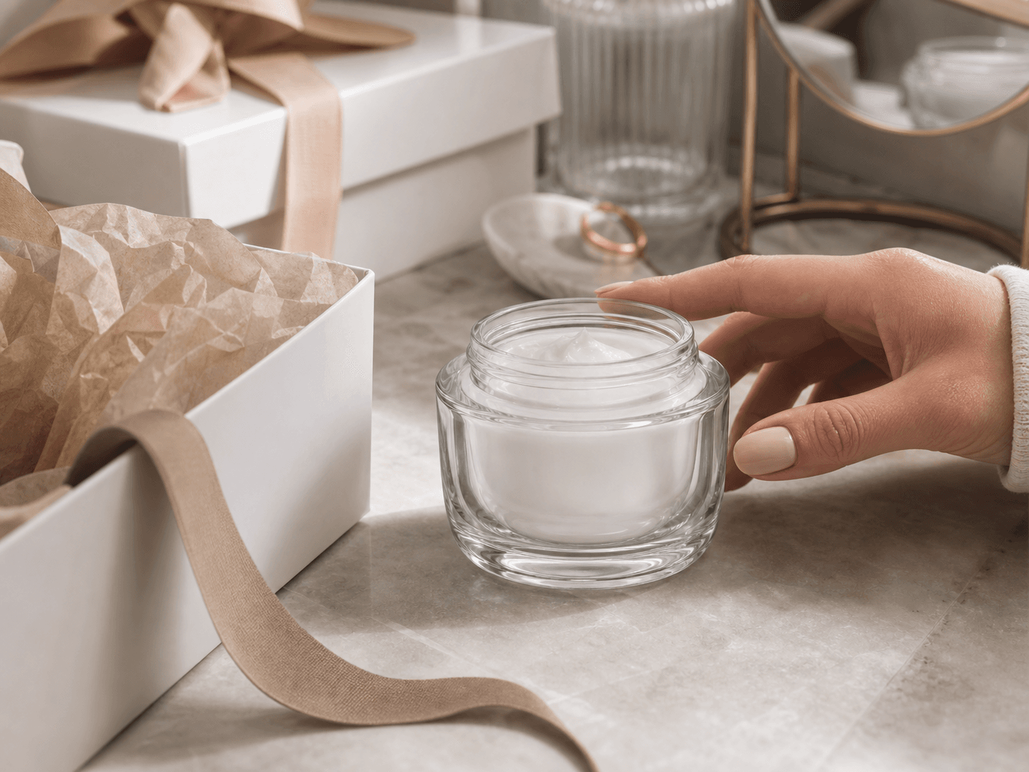 Double-wall Cream Jar used for beauty halls & gift boxes in a counter presentation setting