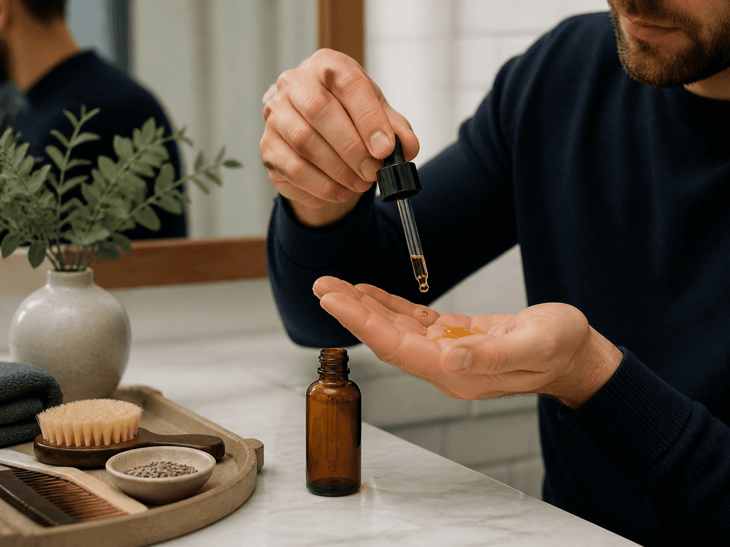 Dropper Serum Bottle used for face, beard & botanical oils in a oil routine setting