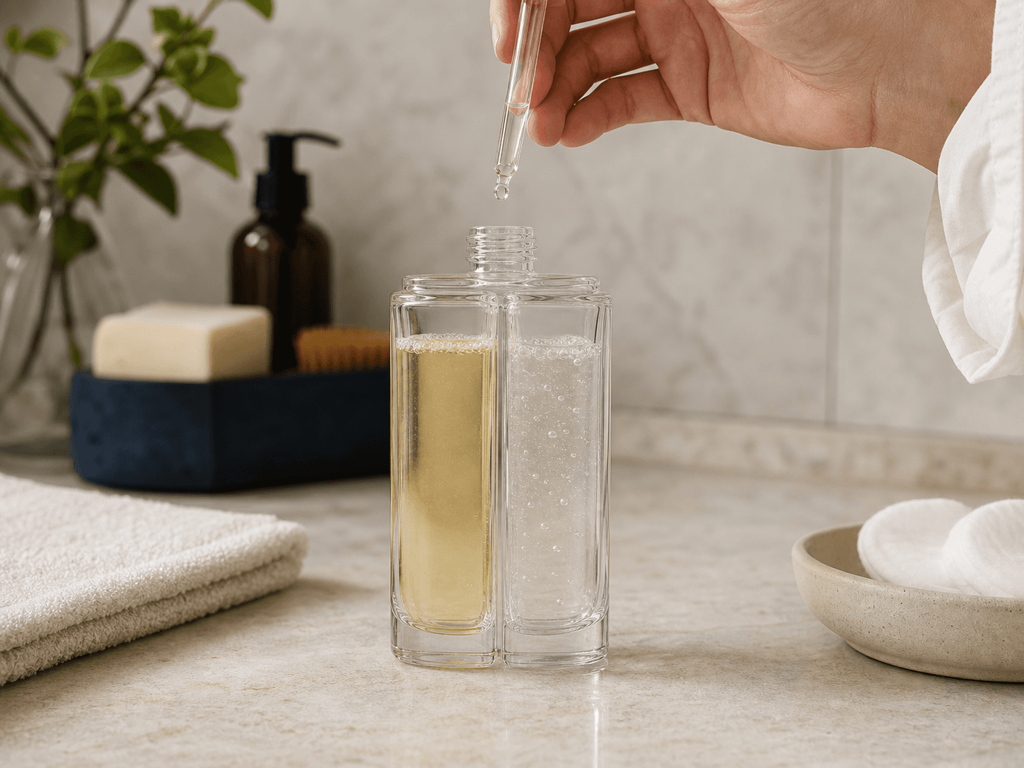 Dual-chamber Bottle used for ingredients that degrade once combined in a reactive pairs setting