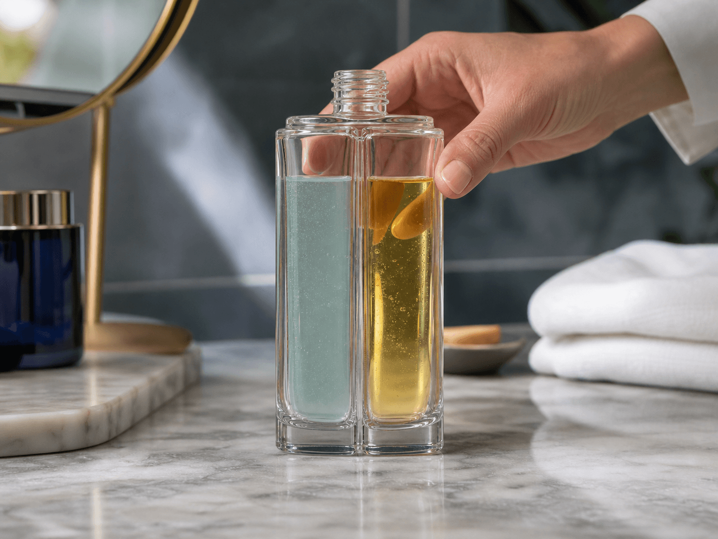 Dual-chamber Bottle used for side-by-side color as the message in a visual proposition setting