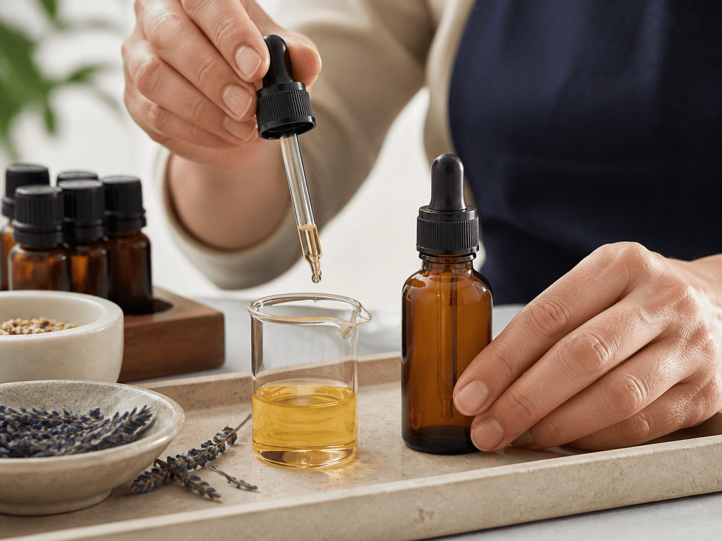 Essential Oil Bottle used for carrier dilution and custom blends in a blending setting