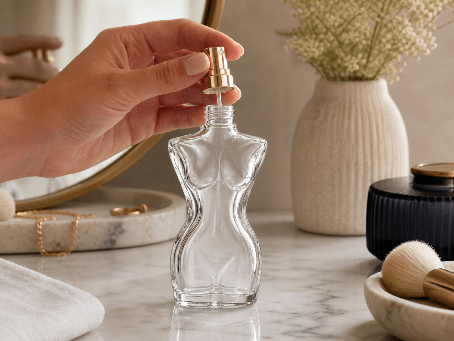 Figural Perfume Bottle used for contoured bottles as brand property in a house signature setting