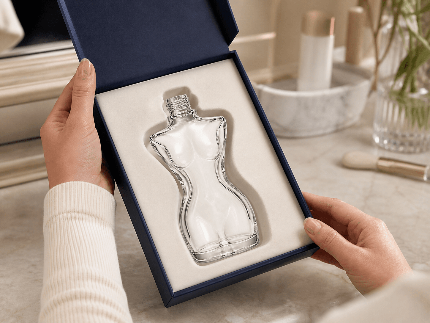 Figural Perfume Bottle used for boxed presentation of an irregular form in a gifting setting