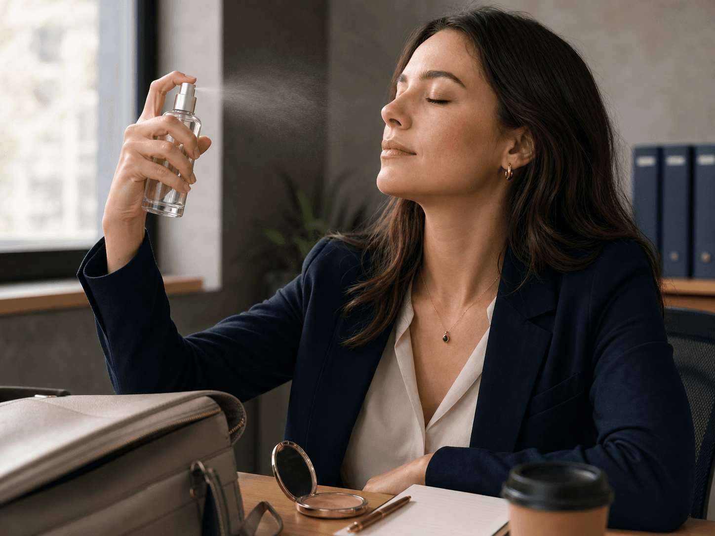 Fine Mist Setting Spray Bottle used for reviving makeup at a desk or in transit in a refresh through the day setting