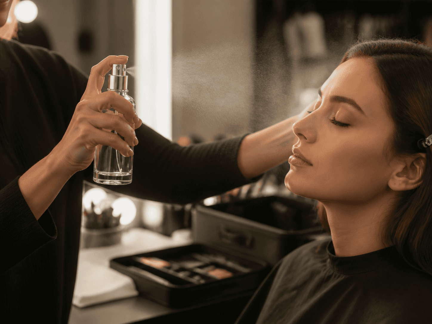 Fine Mist Setting Spray Bottle used for backstage and studio kits in a professional use setting