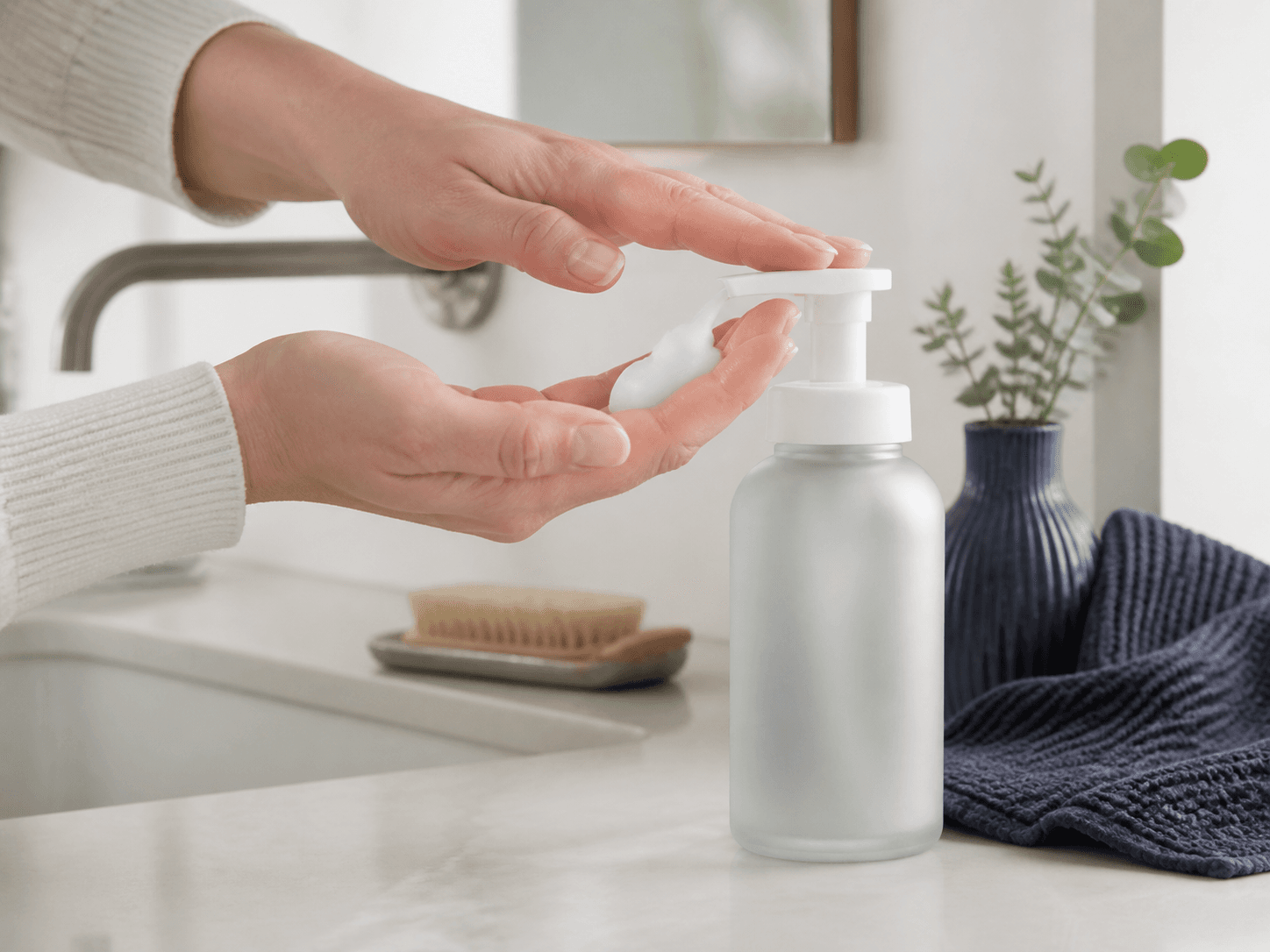 Foaming Pump Bottle used for foaming hand washes at a basin in a hand care setting
