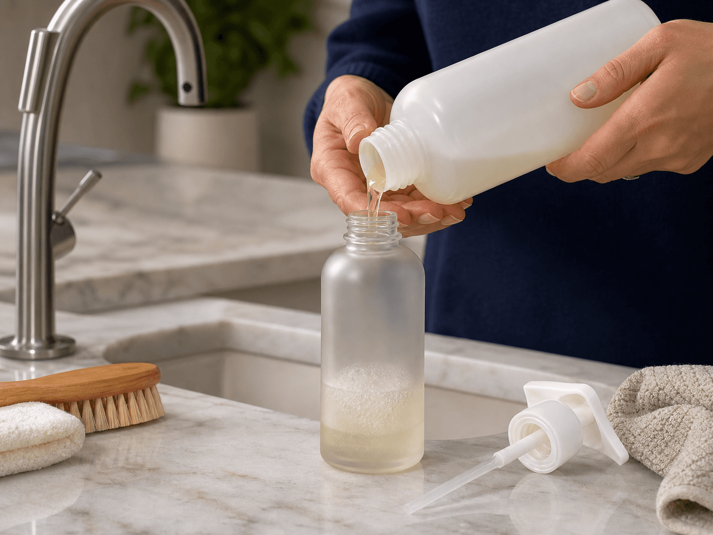Foaming Pump Bottle used for a bottle refilled from a larger pack in a kitchen sinks setting