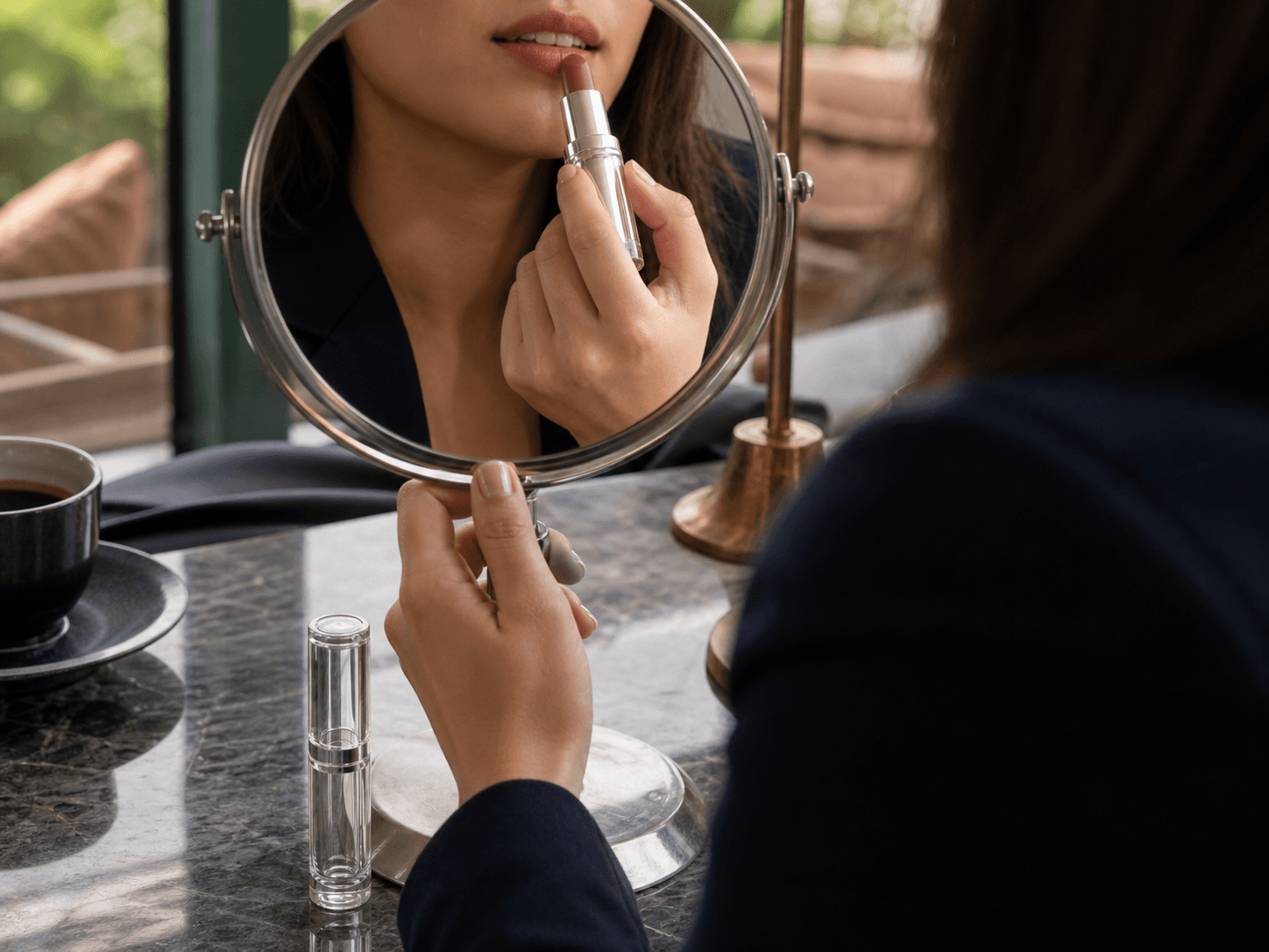 Glass Lipstick Tube used for bullets applied at a table or mirror in a touch-ups away from home setting