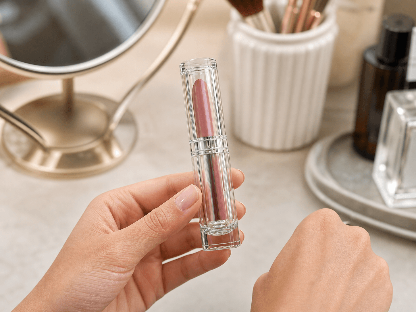 Glass Lipstick Tube used for ranges seen through the pack in a shade display setting