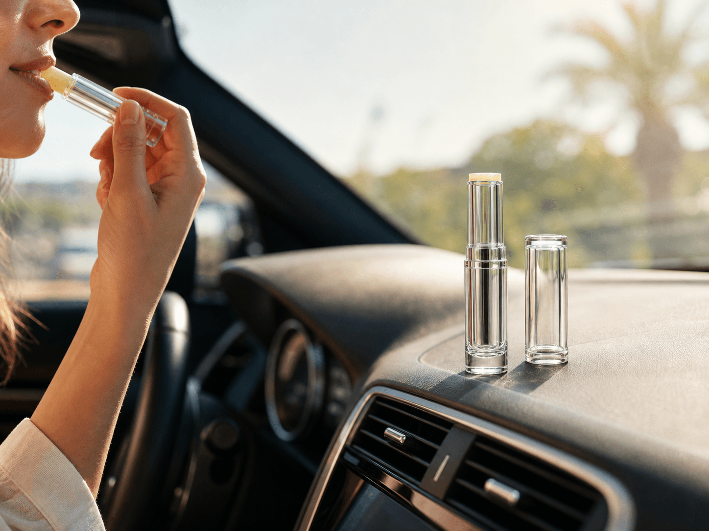 Glass Lipstick Tube used for a balm left in a hot car in a summer months setting