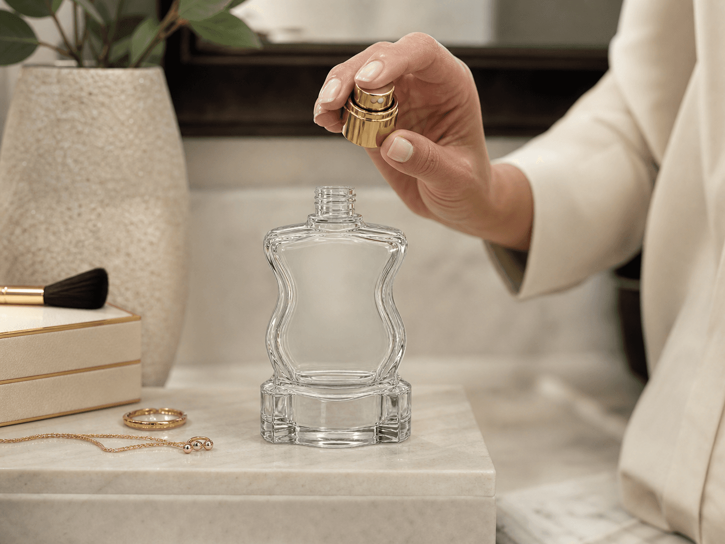 Heavy-base Figural Perfume Bottle used for flagship fragrance bottles in a signature scent setting