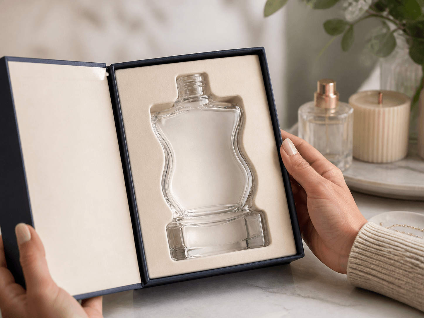 Heavy-base Figural Perfume Bottle used for presentation boxes & counter sets in a luxury gifting setting