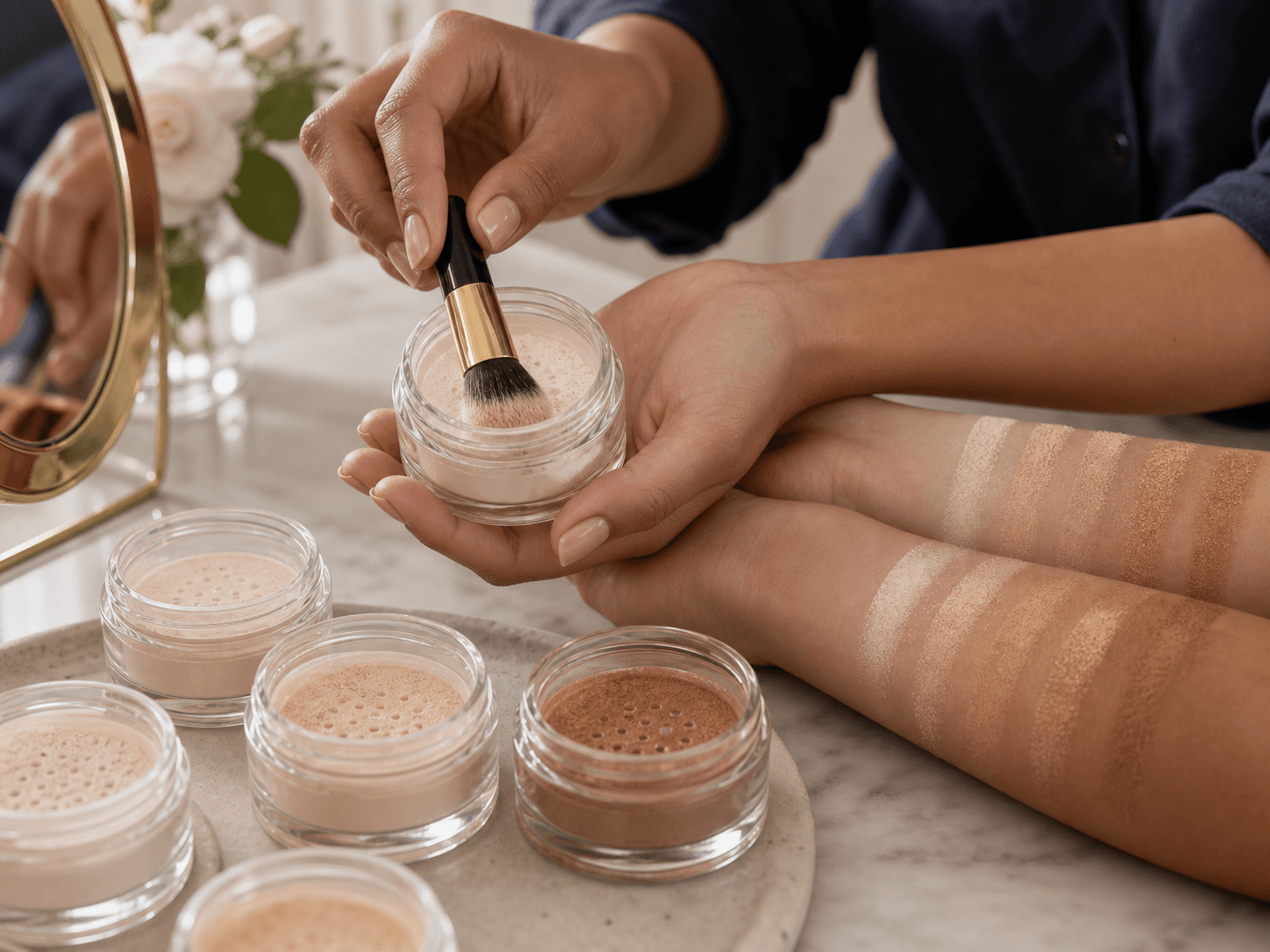 Loose Powder Jar used for complexion powders across skin tones in a shade ranges setting
