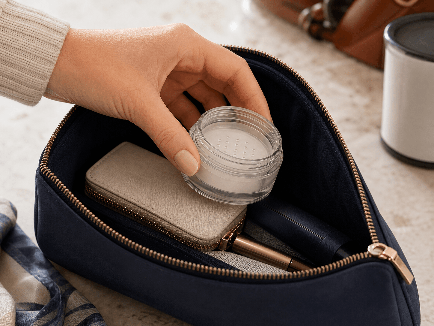 Loose Powder Jar used for handbag and travel formats in a travel & spill setting