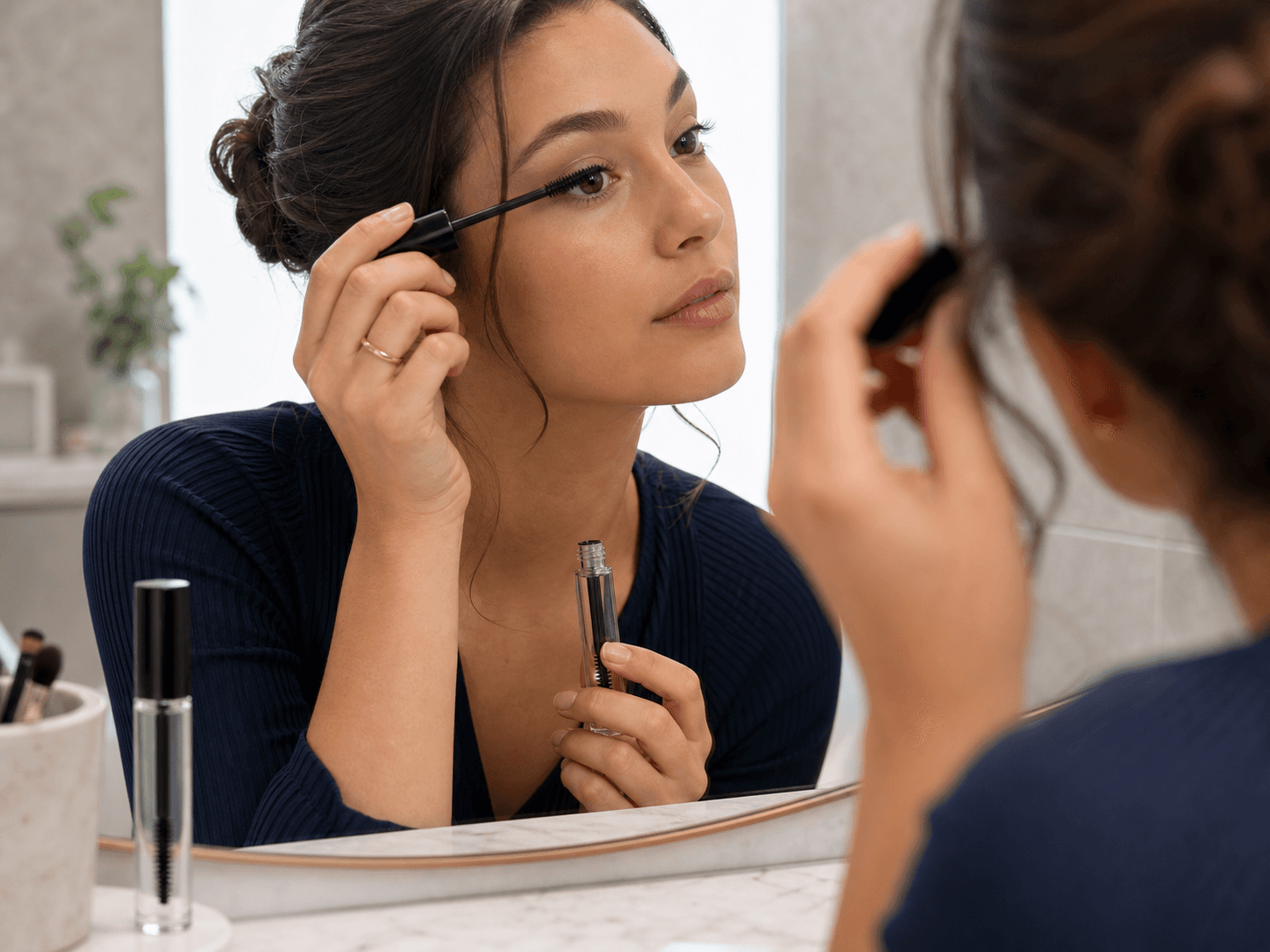 Mascara / Cosmetic Glass Bottle used for volumizing and lengthening mascaras in a lash color setting