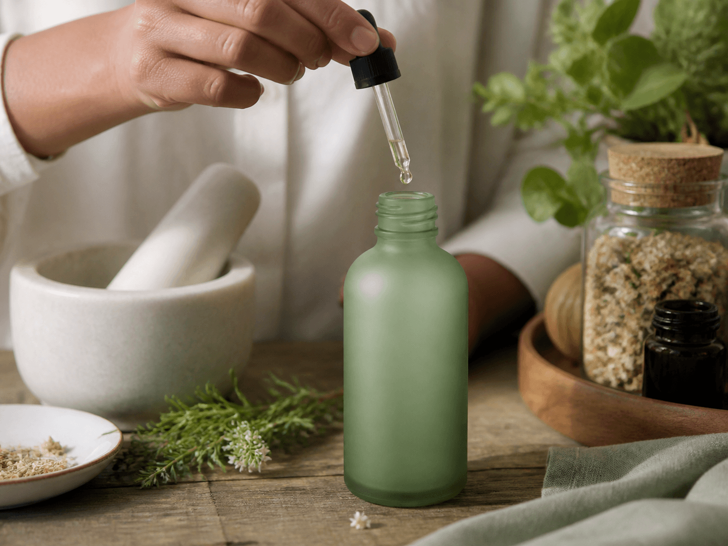 Matte Colored Glass Bottle used for herbal, apothecary & wellness lines in a botanical skincare setting