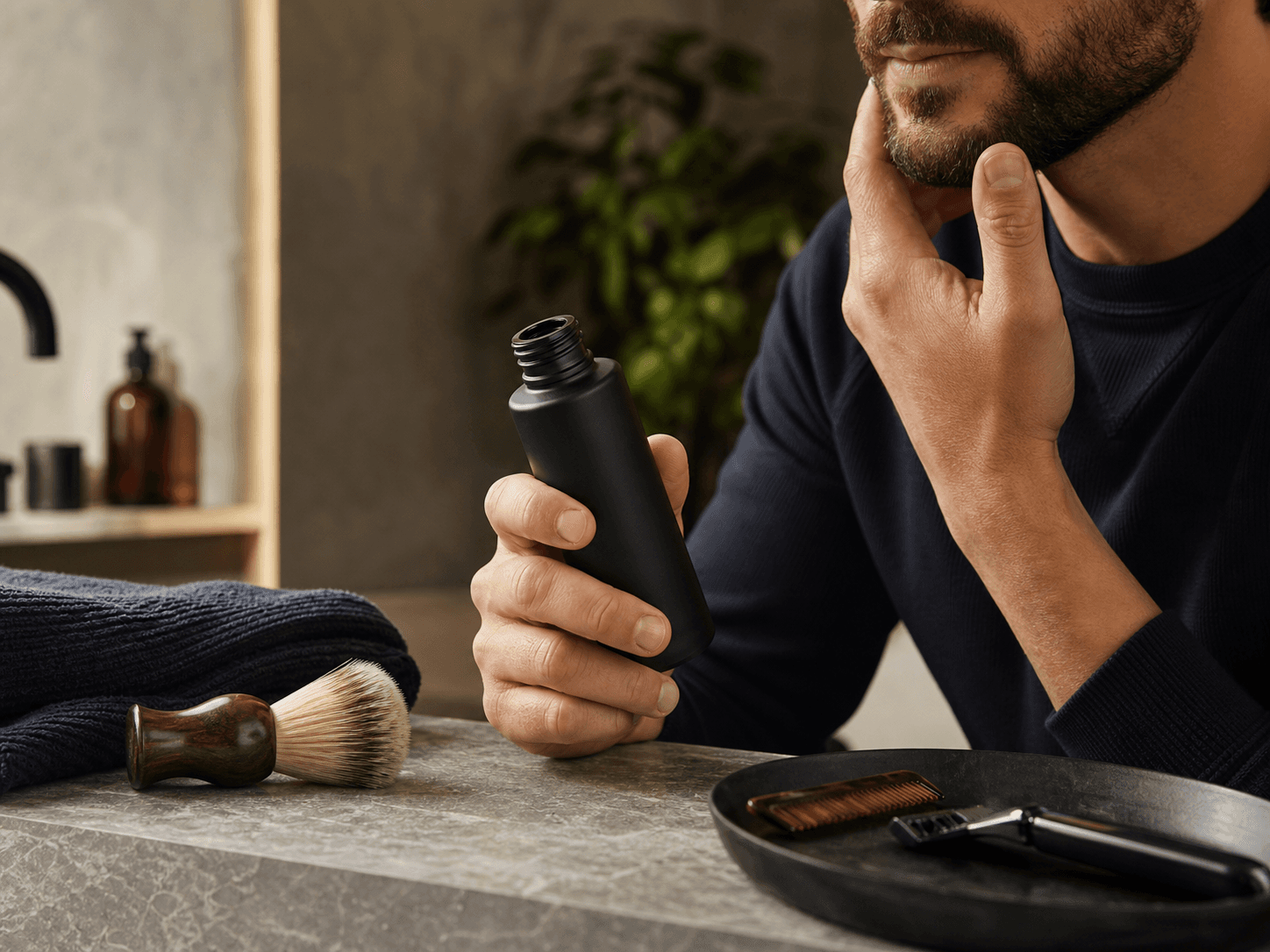 Men's Dark Frosted Bottle used for face and beard care ranges in a men's grooming setting