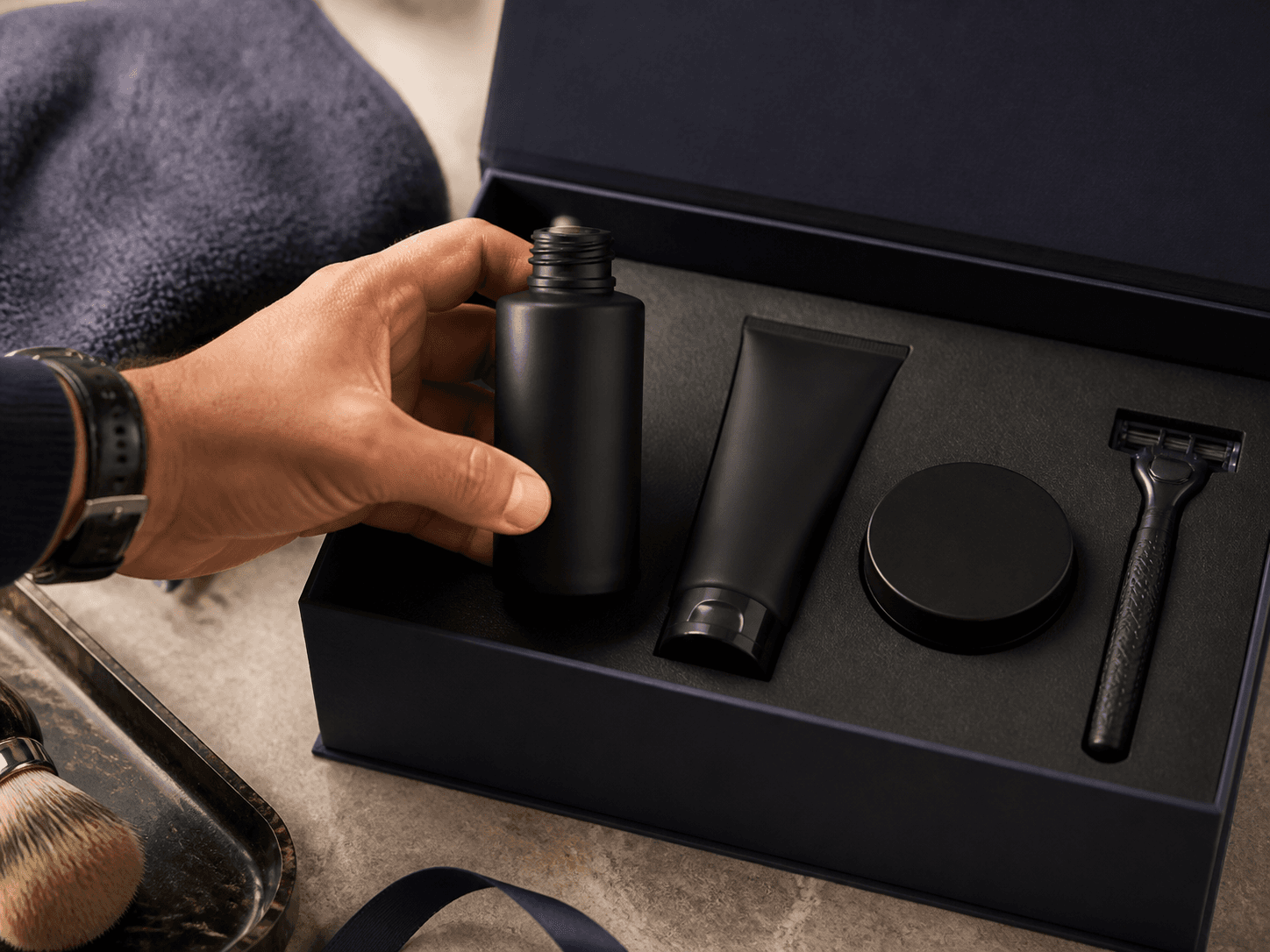 Men's Dark Frosted Bottle used for grooming sets & seasonal packs in a gifting setting