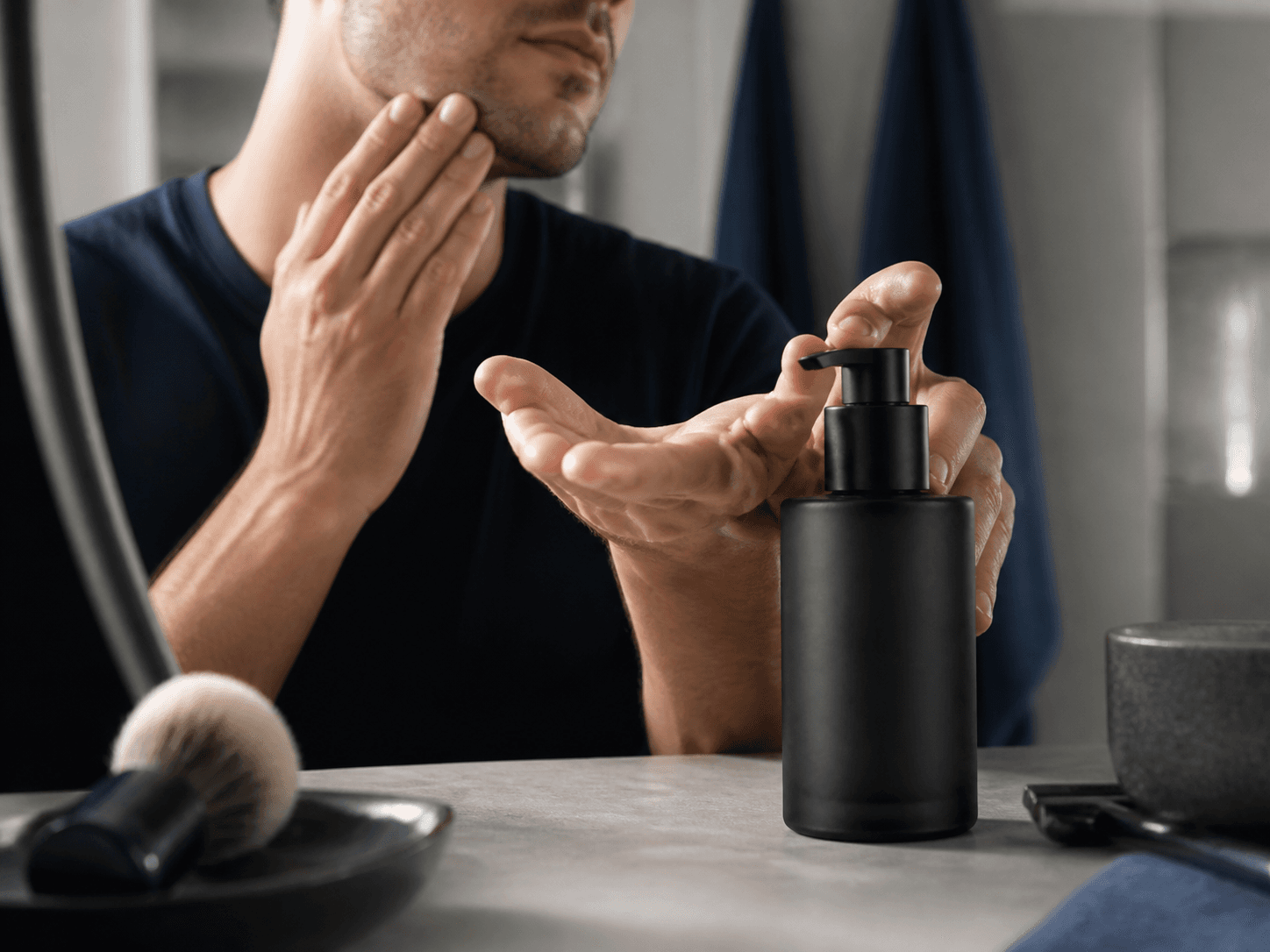 Men's Skincare Bottle used for moisturizers & post-shave treatments in a daily routine setting