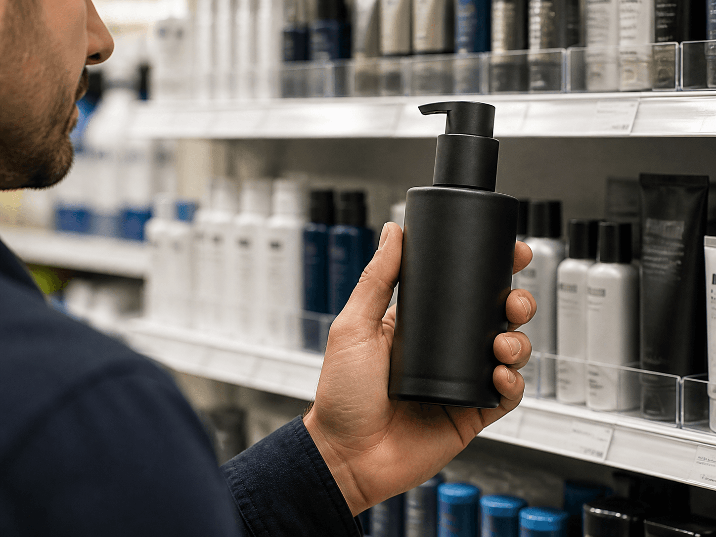 Men's Skincare Bottle used for grooming aisles & pharmacy ranges in a retail shelf setting