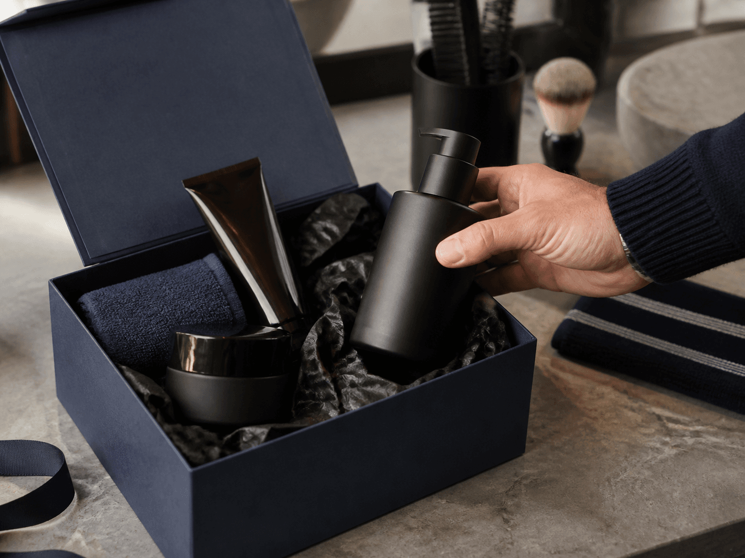 Men's Skincare Bottle used for grooming kits & seasonal boxes in a gifting setting