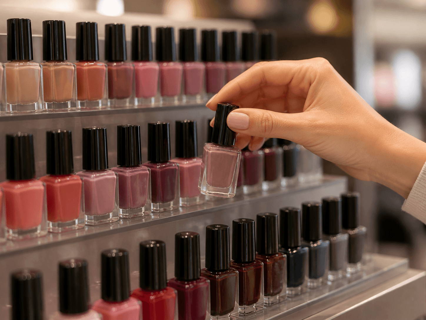 Nail Polish Bottle used for color ranges on a display stand in a shade merchandising setting